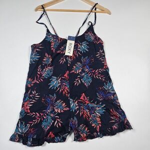 Roxy Romper Women XS Navy Blue Tropical Floral Print Ruffle Fairy Sunsuit New